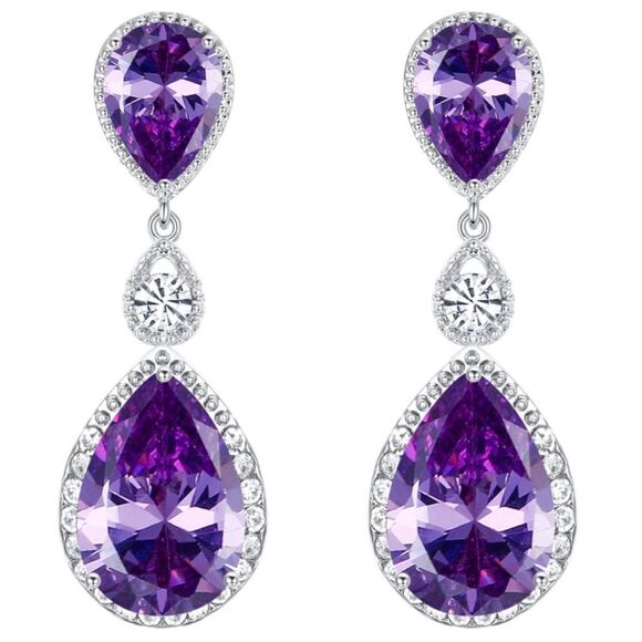 Silver with Amethyst and White Diamond CZ Teardrop Chandelier Post Back Earrings